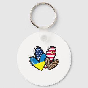 Love Ukraine Usa American Flag Heart Leopard Women Keychain