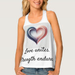 Love Unites – Inspirational Romantic Women’s Tank<br><div class="desc">Show the power of love and resilience with this stylish tank top. The artistic heart in shades of red and blue symbolizes harmony and passion, while the inspiring quote “Love unites. Strength endures.” delivers a message of unity and inner strength. Perfect for everyday wear, for romantic souls, or as a...</div>