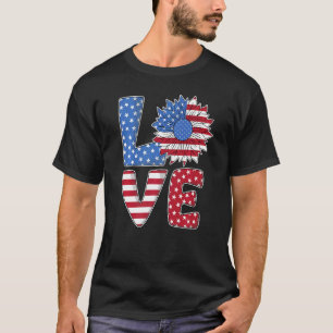 Love Usa Flag Sunflower July 4th American Independ T-Shirt