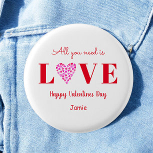 Love Valentine Galentine Heart Red White 1 Inch Round Button