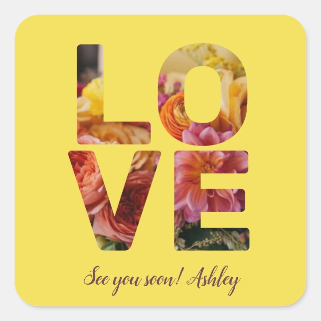 LOVE Valentine Theme Customizable Photo Floral Square Sticker (Front)