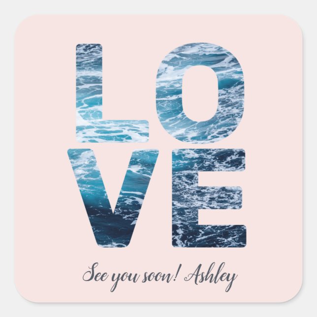 LOVE Valentine Theme Customizable Photo Ocean Square Sticker (Front)
