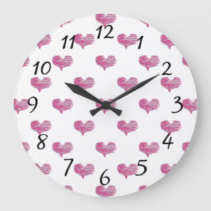 Love Valentine's Day Hot Pink Heart Sketch Large Clock