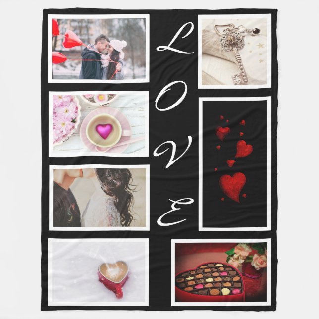 LOVE Valentines Day Red Hearts Photo Collage Fleece Blanket (Front)
