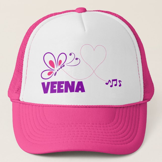 Love Veena Pink Purple Butterfly Heart Trucker Hat (Front)