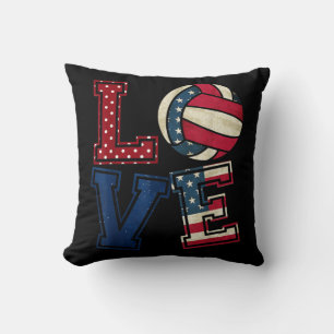 LOVE Volleyball Lover USA Flag Patriotic th Of Jul Throw Pillow