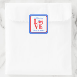 LOVE Watercolor American Flag NAME Bridal Square Sticker