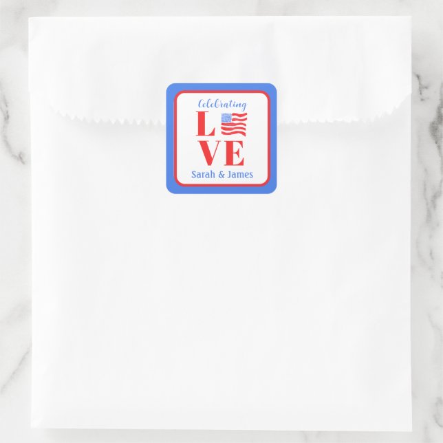 LOVE Watercolor American Flag NAME Bridal  Square Sticker (Bag)