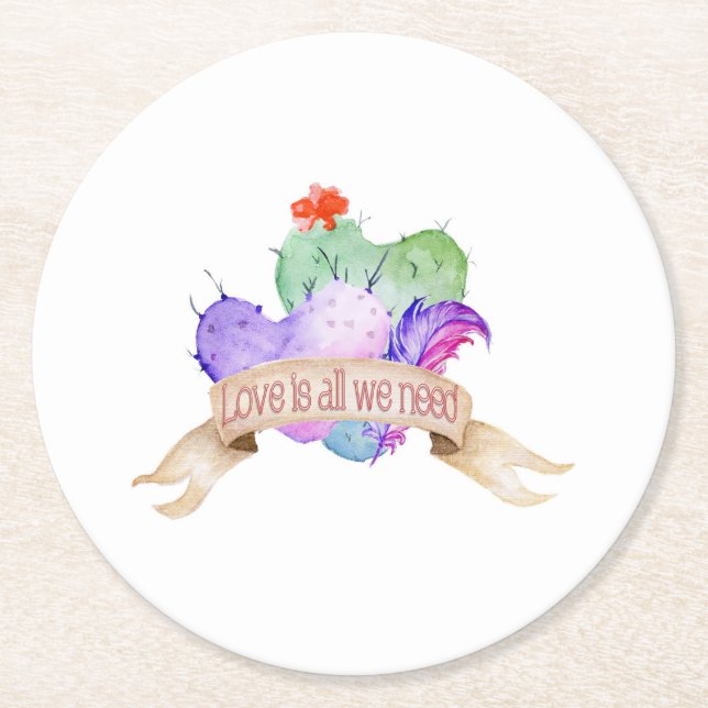 Love Watercolor Cacti Round Paper Coaster (Front)
