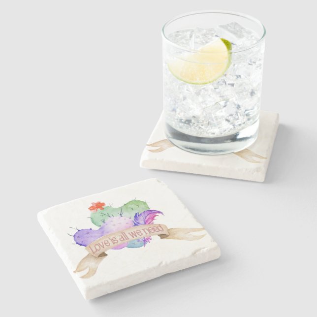 Love Watercolor Cacti Stone Coaster (Side)