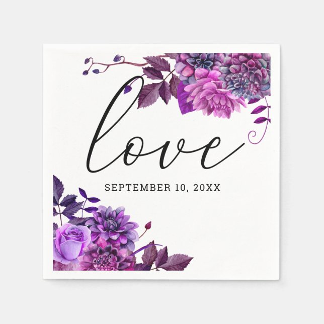Love. Watercolor purple floral script wedding  Napkin (Front)