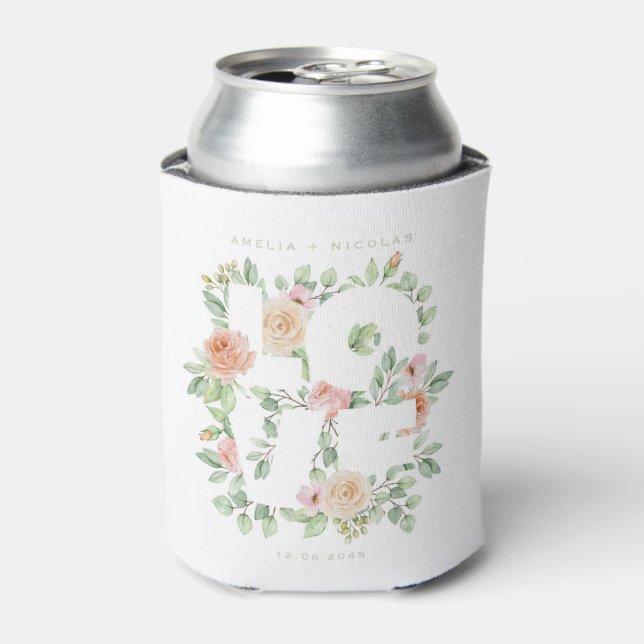 LOVE Watercolor Roses and Greenery Spring Wedding Can Cooler (Can Front)