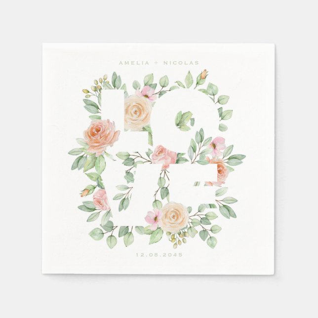 LOVE Watercolor Roses and Greenery Spring Wedding Napkin (Front)