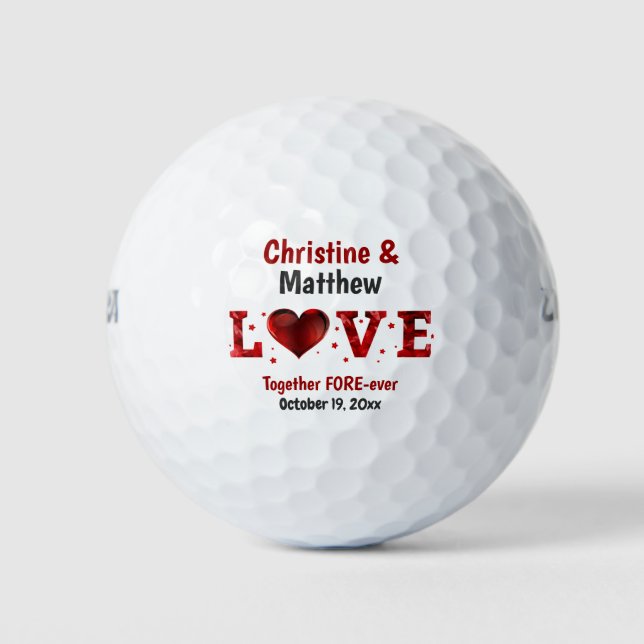 Love Wedding Favour Red Heart Stars Golf Balls (Front)