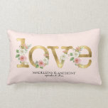 Love Wedding Personalized Names Watercolor Floral Lumbar Pillow<br><div class="desc">Personalized pillow features word art letters in a golden tone with blush and white flowers paired with your names and wedding date.  Elegant to use for your wedding reception or as a bridal shower or wedding gift for a special couple.  Copyright,  Audrey Jeanne Roberts.</div>