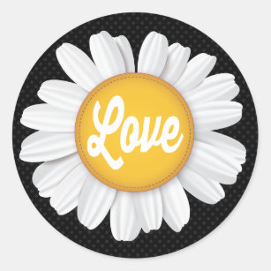 Love White Daisy Flower Black Floral Sticker