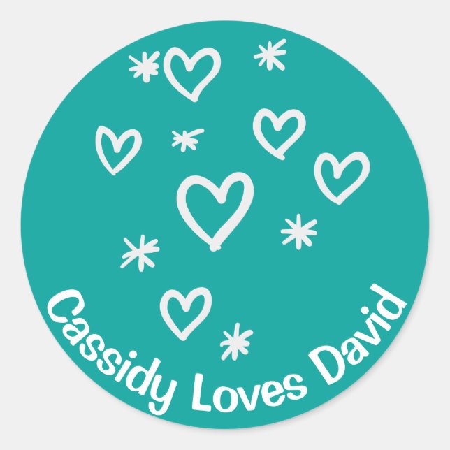 Love White Hearts Teal Blue Personalized Wedding Classic Round Sticker (Front)
