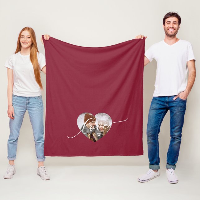 Love White Script Heart Photo Red Fleece Blanket (In Situ)