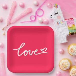 Love white text on pink paper plate