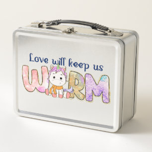 Love Will Keep Us Warm Adorable Unicorn Winter Metal Lunch Box