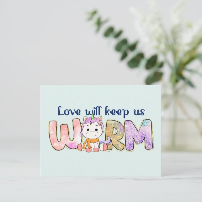 Love Will Keep Us Warm |  Adorable Unicorn Winter Postcard (Standing Front)