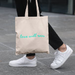 Love Will Win | Modern Trendy Cute Turquoise Neon Tote Bag<br><div class="desc">Simple,  stylish "love will win" quote art tote bag in modern,  minimalist script typography in hot neon turquoise green in a trendy contemporary style. The slogan can easily be replaced with your own personalized quote for a unique bespoke gift or accessory for any time of the year!</div>