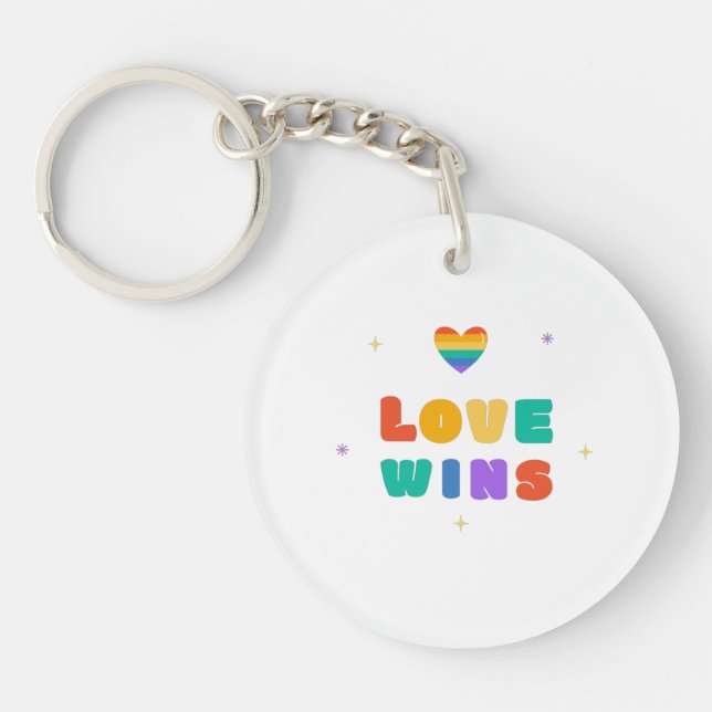 Love Wins with a Rainbow Heart   Keychain (Front)