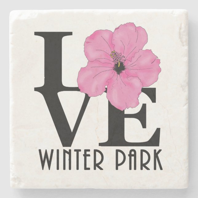 LOVE Winter Park Pink Hibiscus Stone Coaster (Front)