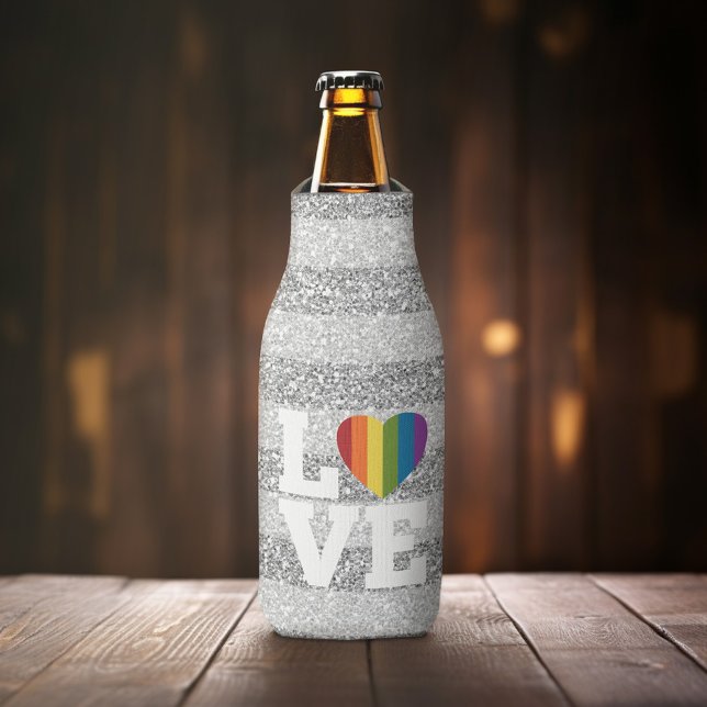 Love with a bright rainbow heart Silver Glitter Bottle Cooler (Love Bottle Cooler)