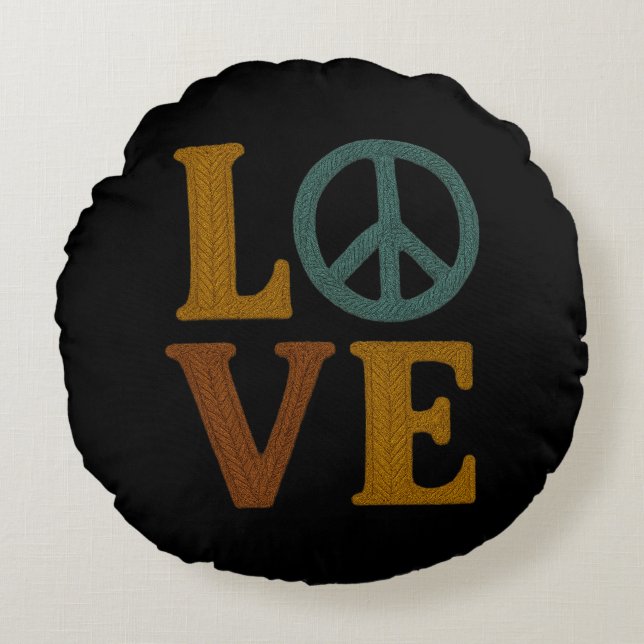 Love with a Peace Sign Unisex Embroidered Look Round Pillow (Front)