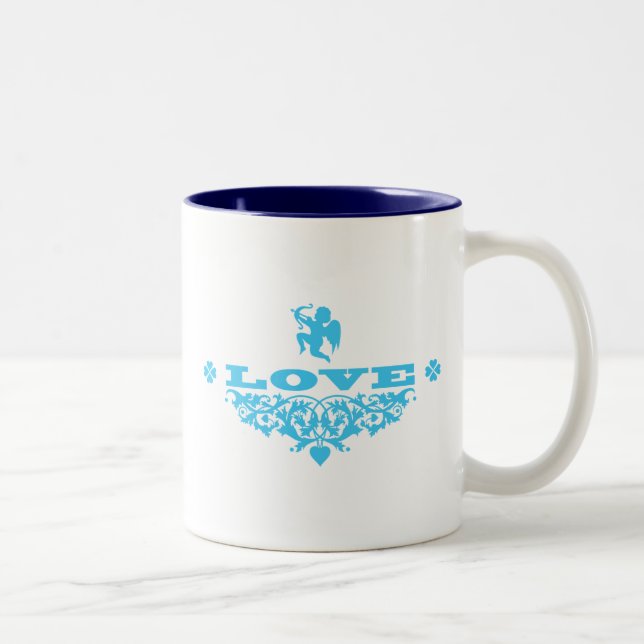Love with Cupid (Blue) Two-Tone Coffee Mug (Right)