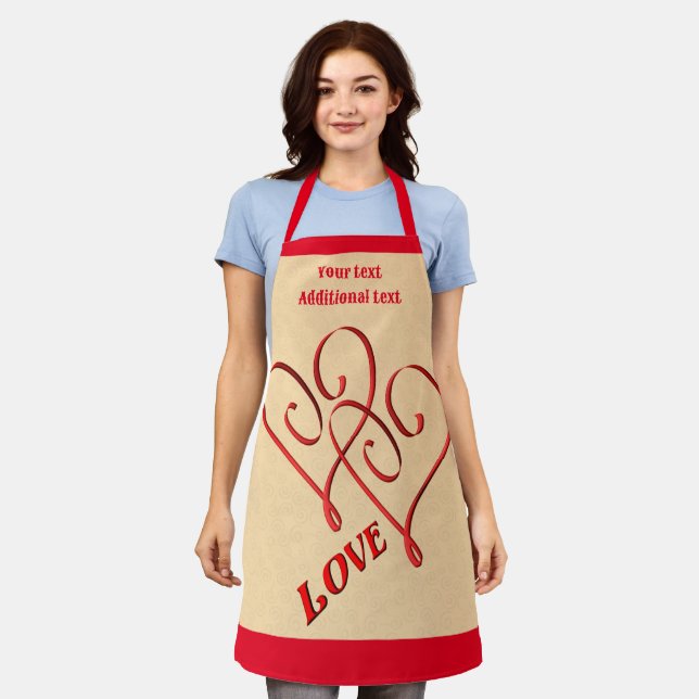 Love With Entwined Red Hearts Personalized Apron (Worn)
