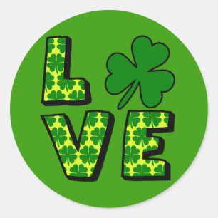 LOVE with Green Shamrocks and Yellow Classic Round Sticker