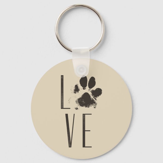 Love with Pet Paw Print Brown Grunge Typography Keychain (Front)