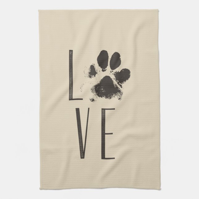 Love with Pet Paw Print Brown Grunge Typography Kitchen Towel (Vertical)