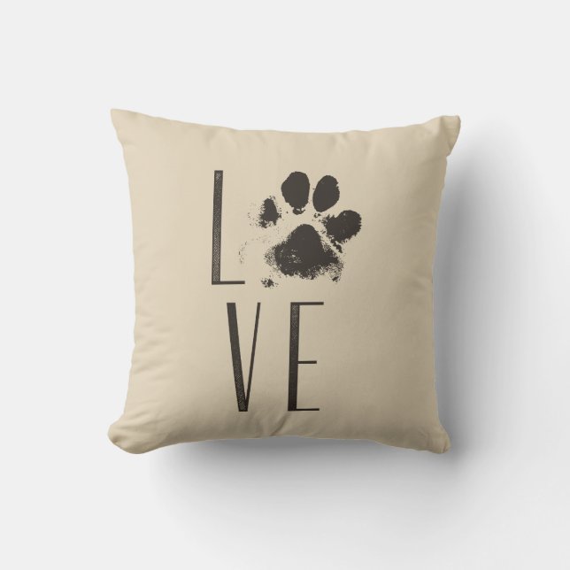 Love with Pet Paw Print Brown Grunge Typography Throw Pillow (Front)