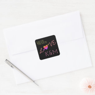 Love word with heart & an arrow, black save date  square sticker