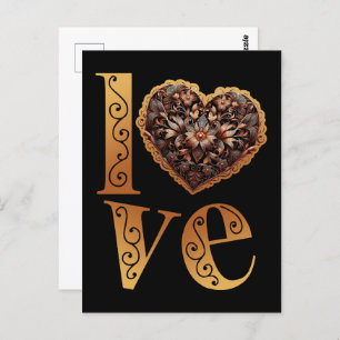 Love word with romantic filigree pink heart postcard