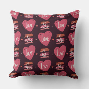 Love Words and Hearts Pattern on Red Background Throw Pillow