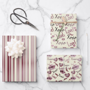 Love Xoxo Heart, lips and stripes pink beige Wrapping Paper Sheet