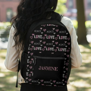 Love XOXO Heart Pattern Black Valentine's Day Printed Backpack