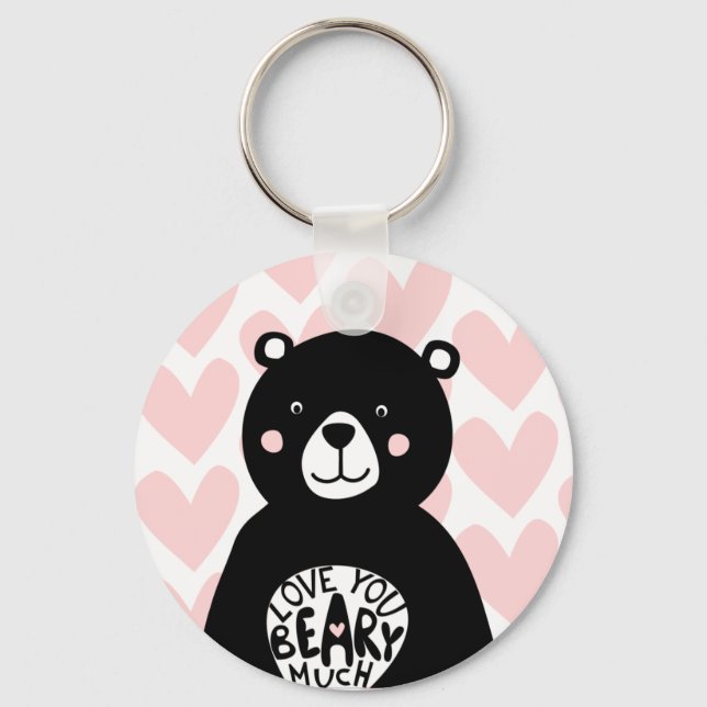 Love you Beary Much Black Bear Pink Heart Quote Keychain (Front)