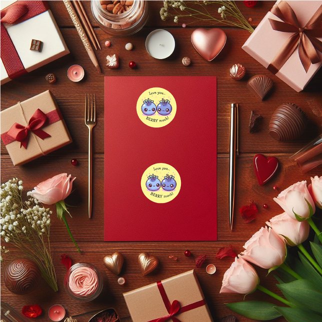 Love you BERRY much funny  Classic Round Sticker (Cute Valentine's sticker fun.)