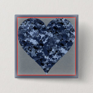 Love You Blue Military Camo Heart Valentine Button