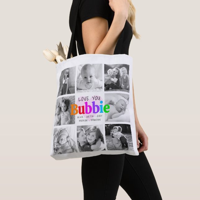 Love You Bubbie Colourful Modern 8 Photo Collage Tote Bag (Close Up)