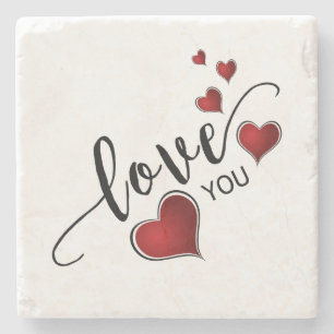 Love You Calligraphy and Hearts Stone Coaster