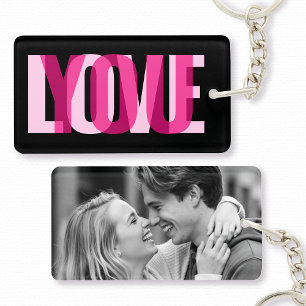 Love You Custom Photo Modern Typography Black Pink Keychain