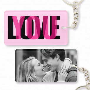 Love You Custom Photo Modern Typography Pink Black Keychain