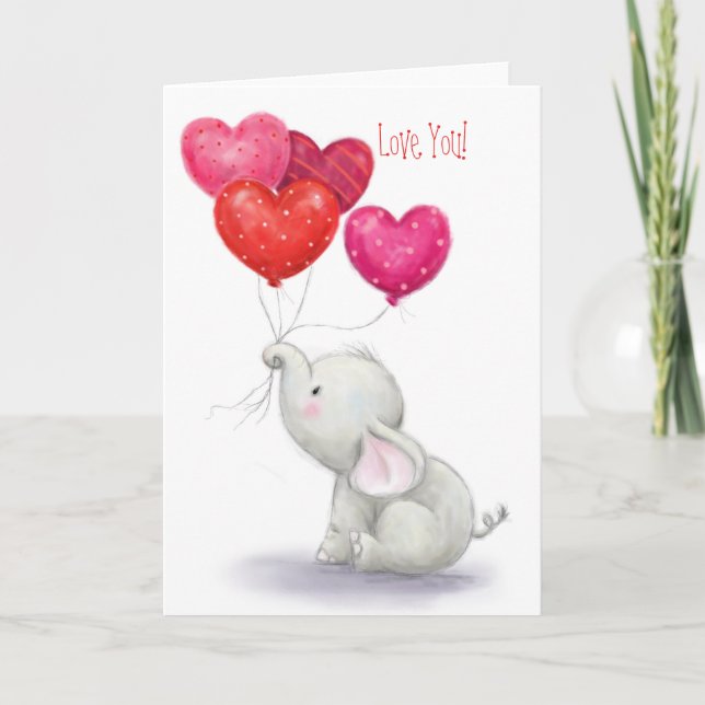Love You, Cute Elephant with Heart shaped balloons Card (Front)