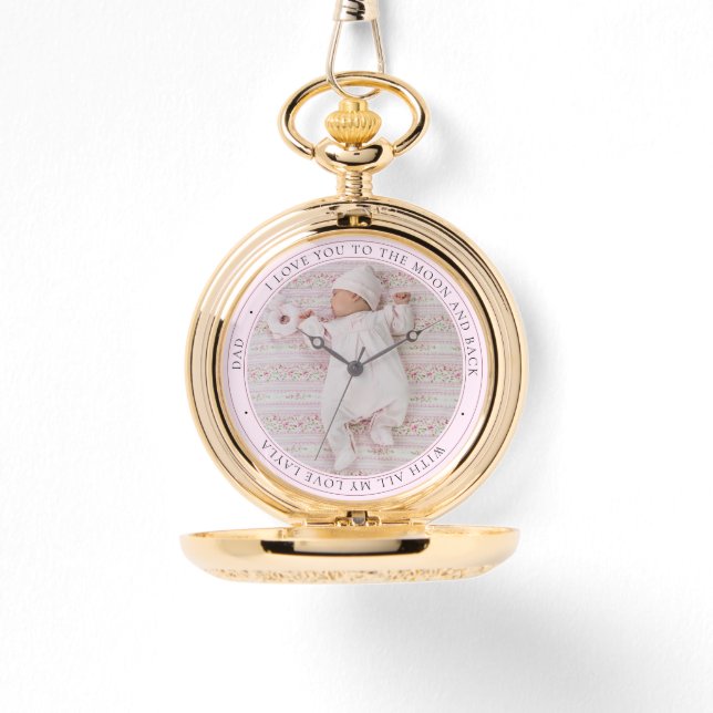 Love You Dad Personalized Photo Girl Pink Pocket  Watch (Front)